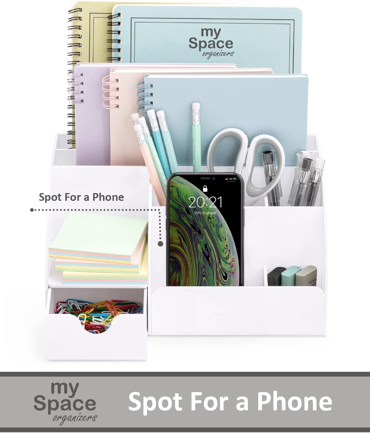 Office Desk Organizer, White Acrylic with Drawer, 9 Compartments - All in One Office Supplies and Cool Desk Accessories Pen Holder, Enhance Your Office Decor Desktop (White).