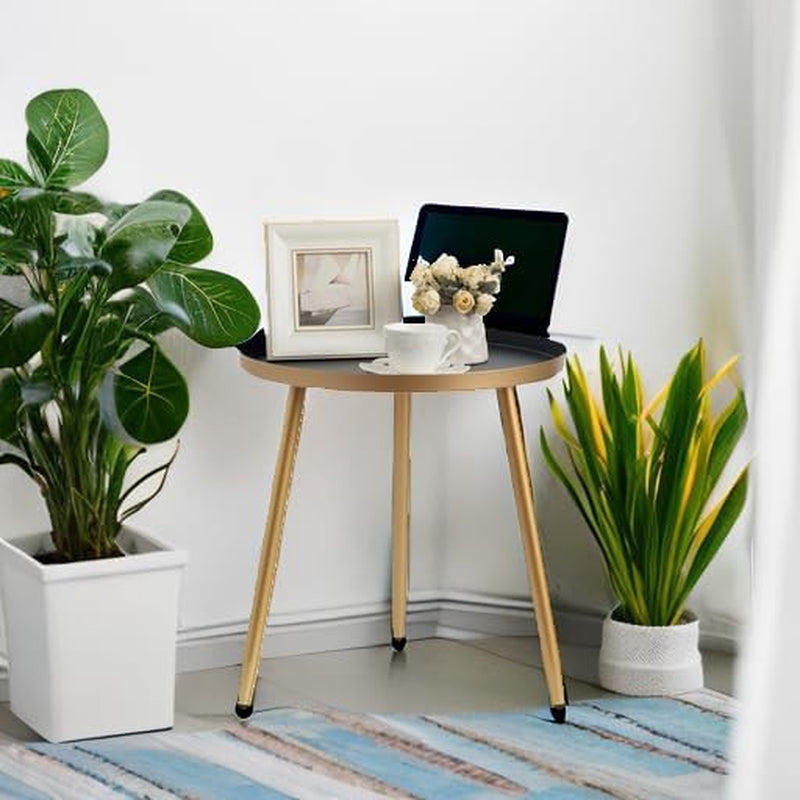 round End/Side Tables for Living Room, Bedrooms Narrow Night Stands Cute Pedestal Plant Stand for Balcony, Black Tray with 3 Legged Gold Coffee/ Accent Table