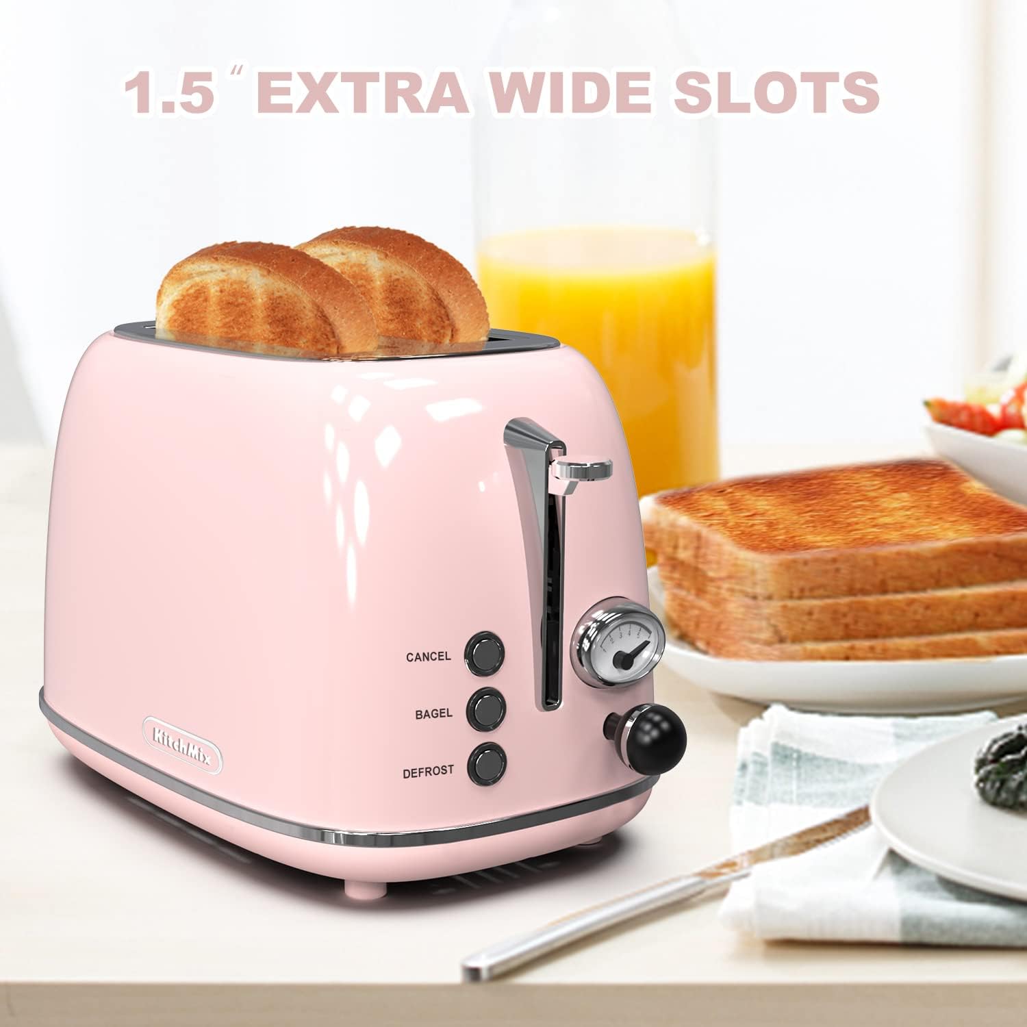 Toaster 2 Slice,Retro KitchMix Stainless Steel Toaster with 6 Settings, 1.5 in Extra Wide Slots, Bagel/Defrost/Cancel Function, Removable Crumb Tray (Baby Pink)