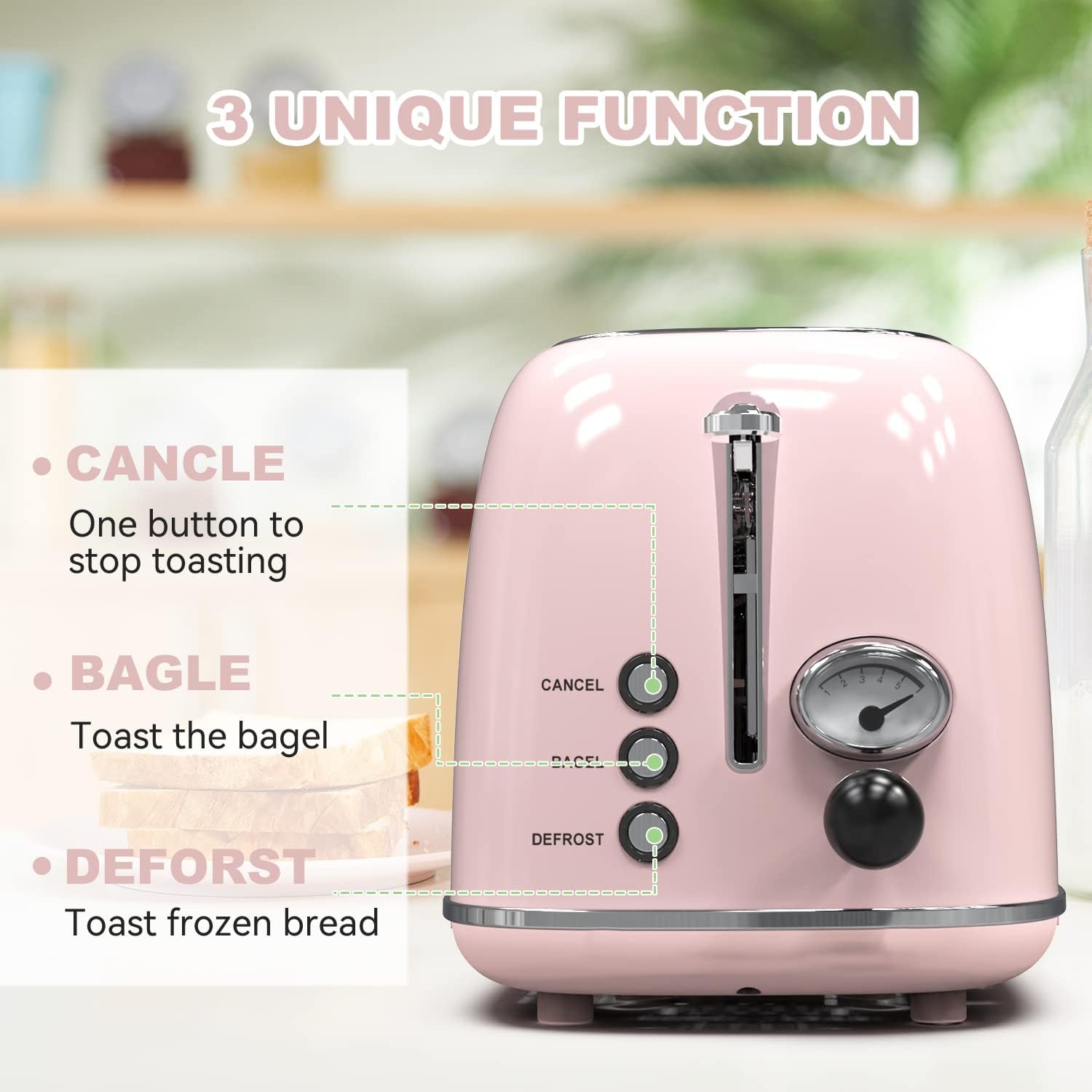 Toaster 2 Slice,Retro KitchMix Stainless Steel Toaster with 6 Settings, 1.5 in Extra Wide Slots, Bagel/Defrost/Cancel Function, Removable Crumb Tray (Baby Pink)