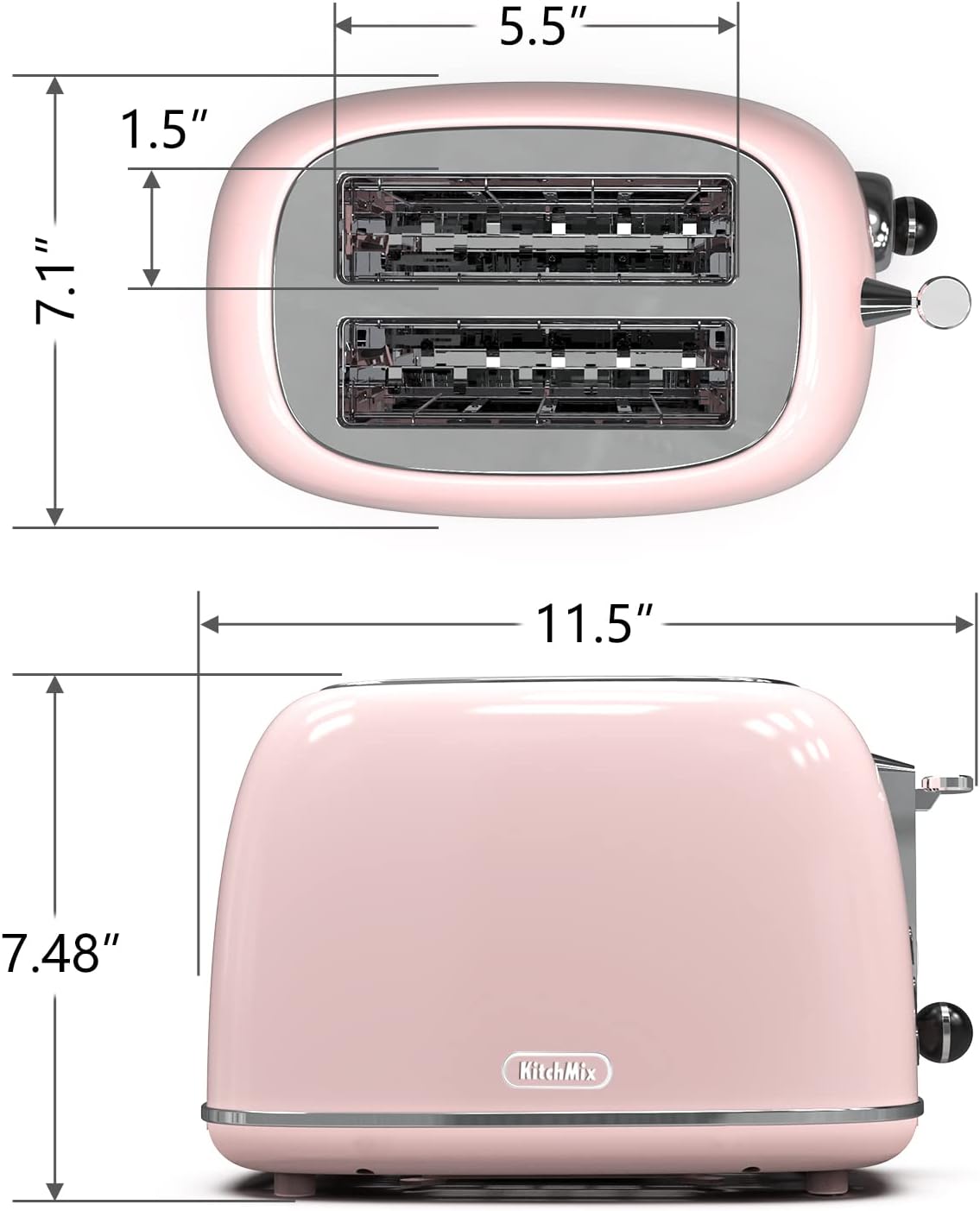 Toaster 2 Slice,Retro KitchMix Stainless Steel Toaster with 6 Settings, 1.5 in Extra Wide Slots, Bagel/Defrost/Cancel Function, Removable Crumb Tray (Baby Pink)