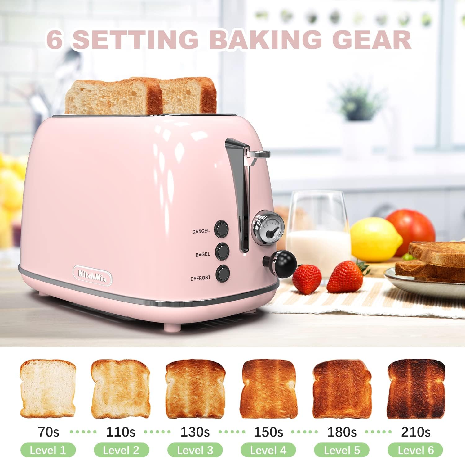 Toaster 2 Slice,Retro KitchMix Stainless Steel Toaster with 6 Settings, 1.5 in Extra Wide Slots, Bagel/Defrost/Cancel Function, Removable Crumb Tray (Baby Pink)