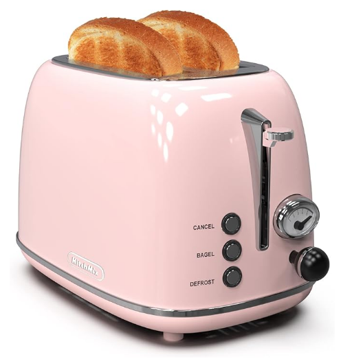 Toaster 2 Slice,Retro KitchMix Stainless Steel Toaster with 6 Settings, 1.5 in Extra Wide Slots, Bagel/Defrost/Cancel Function, Removable Crumb Tray (Baby Pink)