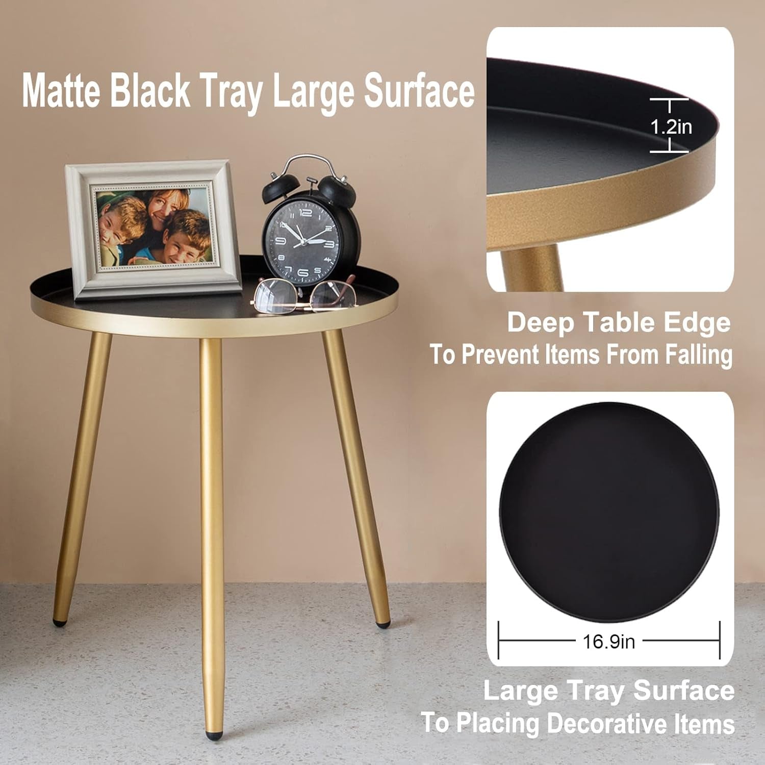 round End/Side Tables for Living Room, Bedrooms Narrow Night Stands Cute Pedestal Plant Stand for Balcony, Black Tray with 3 Legged Gold Coffee/ Accent Table