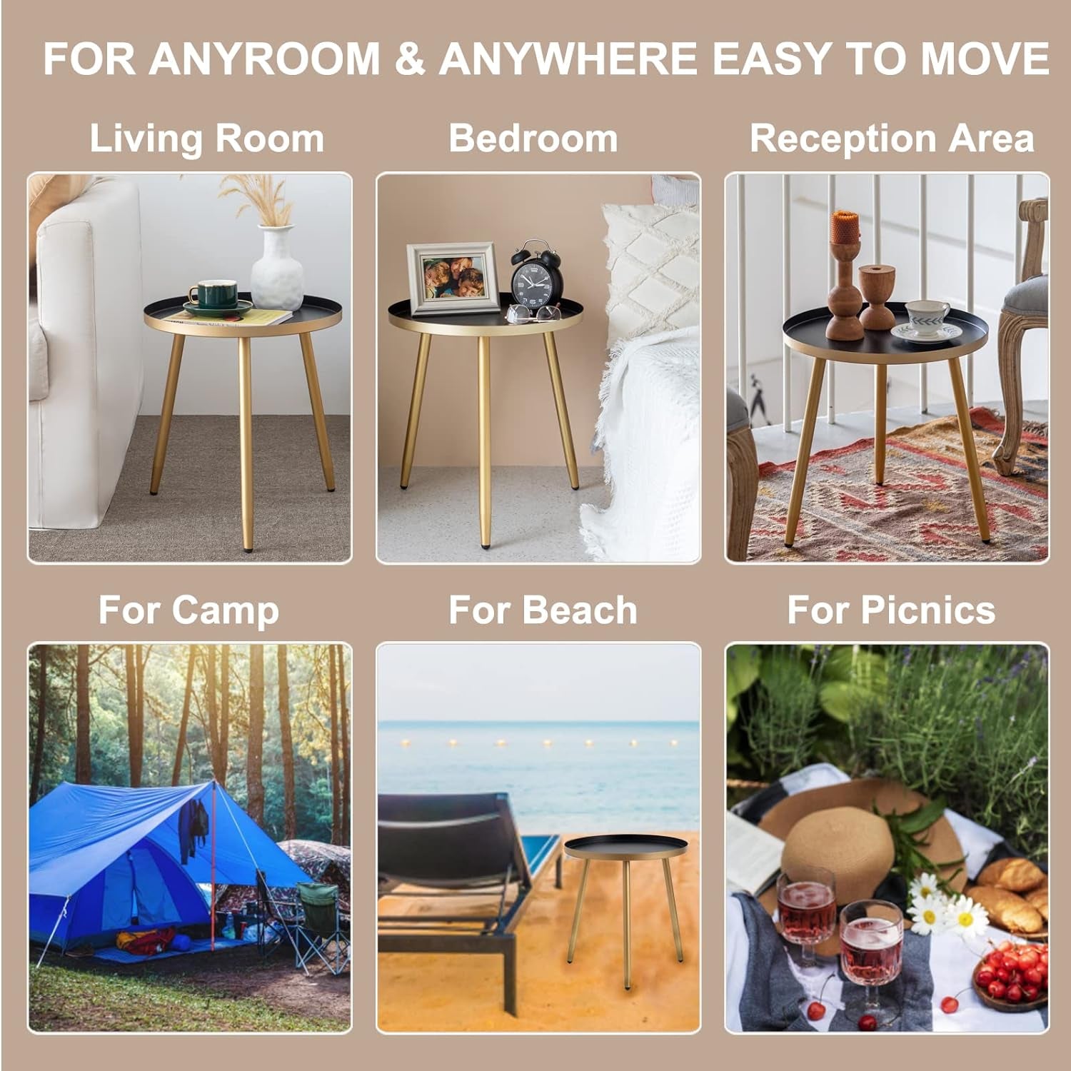 round End/Side Tables for Living Room, Bedrooms Narrow Night Stands Cute Pedestal Plant Stand for Balcony, Black Tray with 3 Legged Gold Coffee/ Accent Table