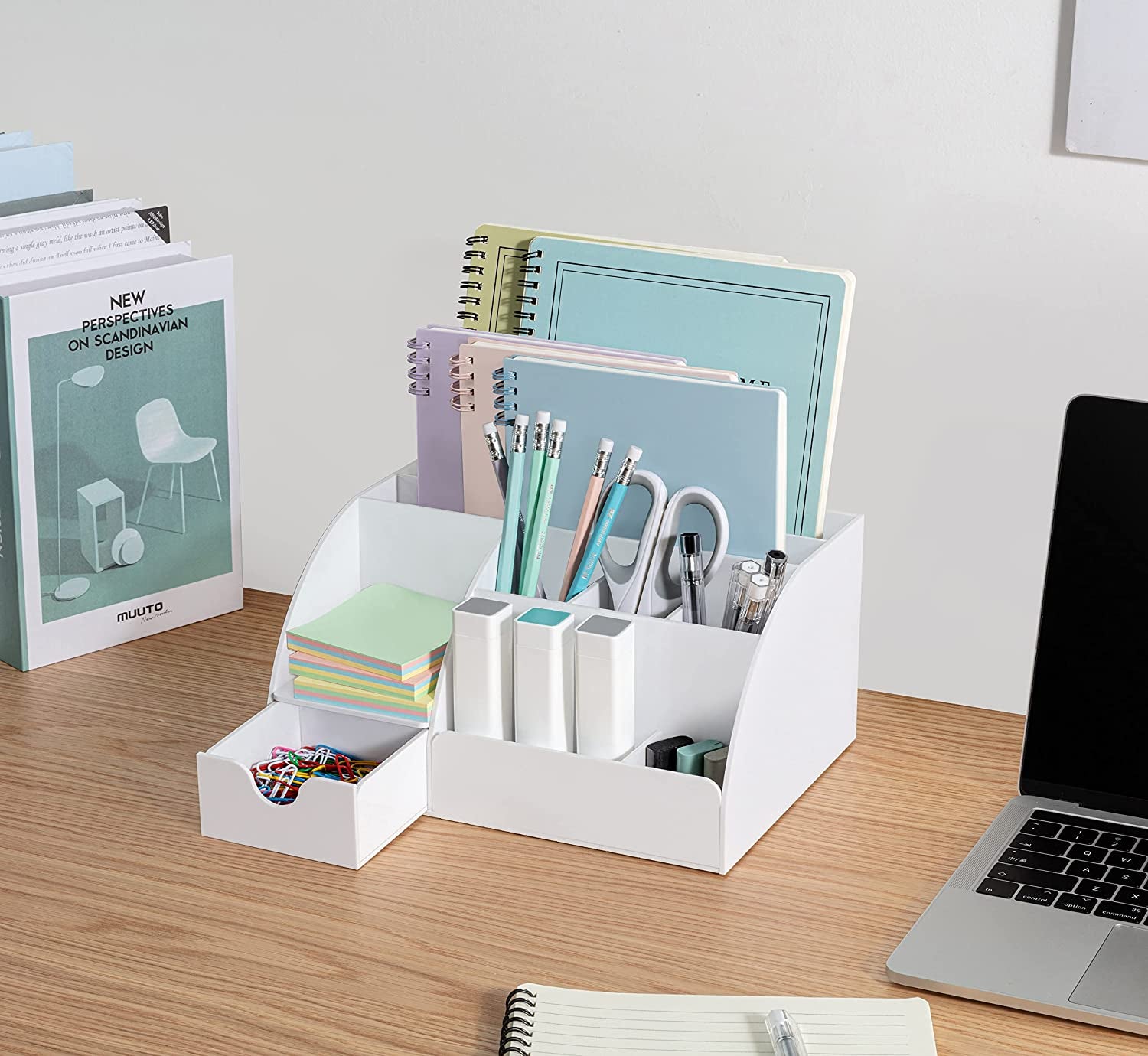 Office Desk Organizer, White Acrylic with Drawer, 9 Compartments - All in One Office Supplies and Cool Desk Accessories Pen Holder, Enhance Your Office Decor Desktop (White).